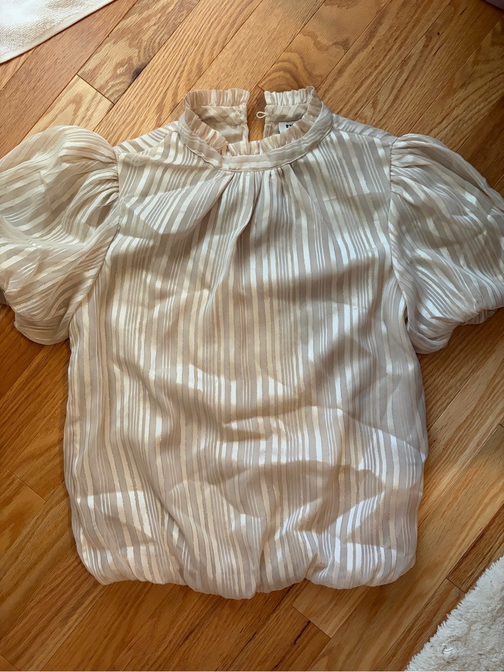 Express Sheer Stripe Puff-Sleeve Blouse - Cream/White